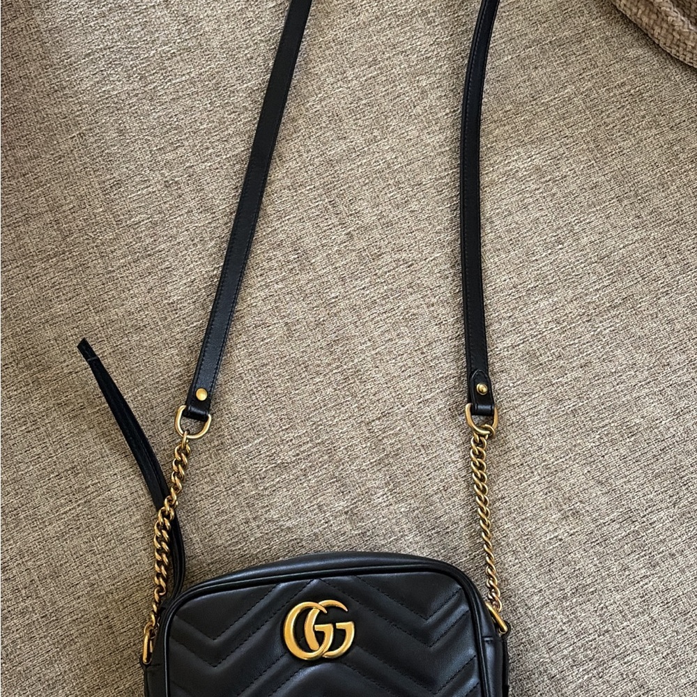 Gucci Black Chevron Crossbody Bag with Gold Details